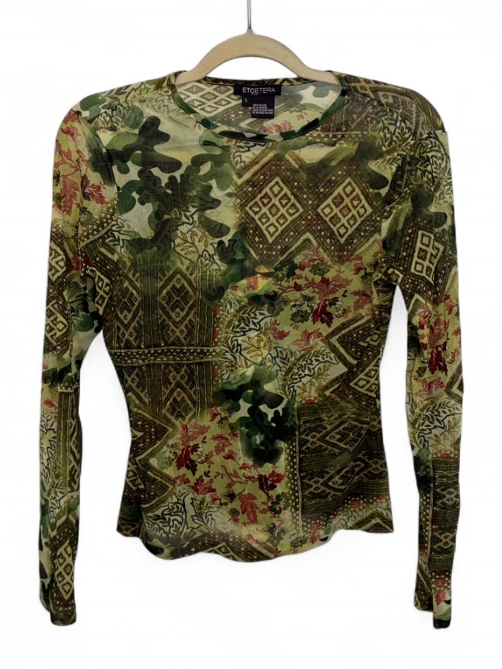 90s Style Etcetera Green Multi-Print Boho Mesh Long Sleeve Top